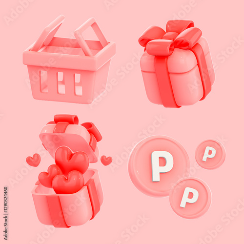 shopping, card, basket, gift, heart, point, 3d, object