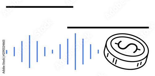 Coin with dollar sign, blue audio waveform, and horizontal lines representing financial growth, technology, and business progression. Ideal for fintech, investment, trading, startup presentations