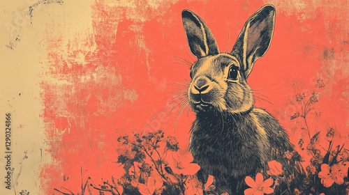 Detailed illustration of a rabbit surrounded by flowers in field