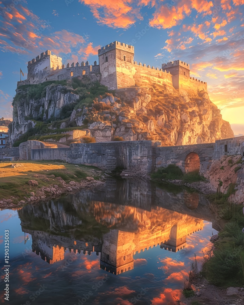Fototapeta premium A fortress reflected in the calm sea and illuminated by a golden sunrise