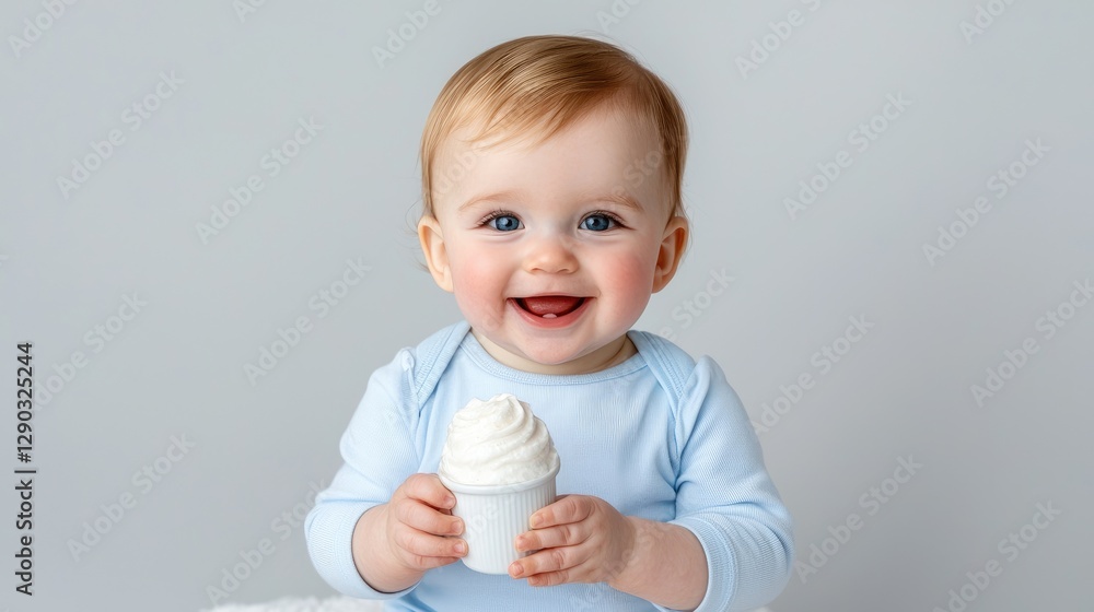 Baby Holding Ice Cream, Studio Portrait, Happy Expression, First Birthday Possible Use Baby Holding Ice Cream, Studio Portrait, Happy Expression, First Birthday Possible Use