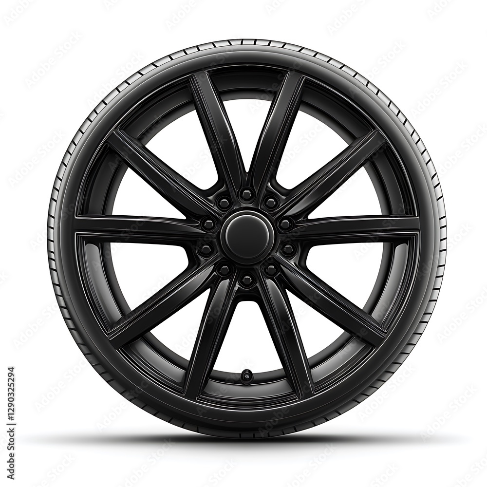 Obraz premium Black Car Wheel and Tire Isolated on White Background