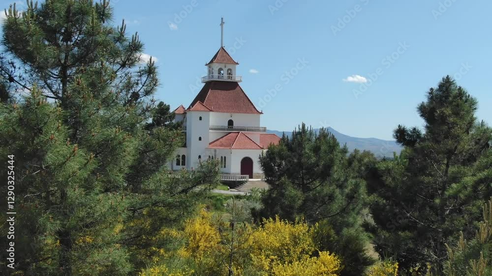 Sanctuary of Nossa Senhora da Saude, shrine Our Lady of Health, Valpacos in Portugal. Aerial drone forward ascending Sanctuary of Nossa Senhora da Saude, shrine Our Lady of Health, Valpacos in Portugal. Aerial drone forward ascending