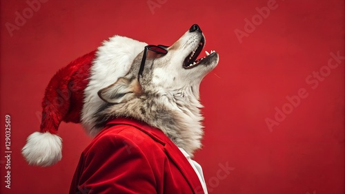 Festive Howl: A wolf donning a festive Santa hat and suit, its head tilted back in a dramatic howl against a vibrant red backdrop, captured with photographic realism.