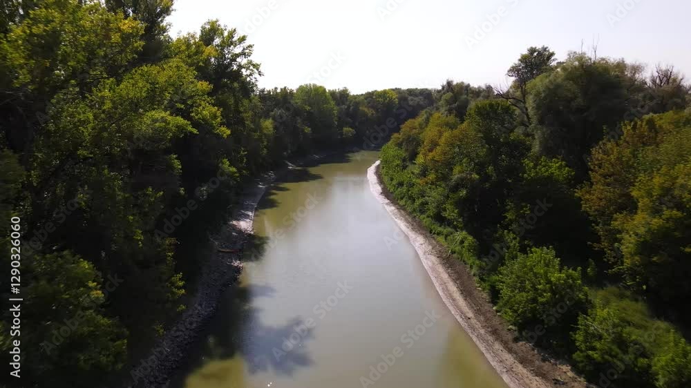 Flying above Danube river with lush green vegetation, drone shot Flying above Danube river with lush green vegetation, drone shot