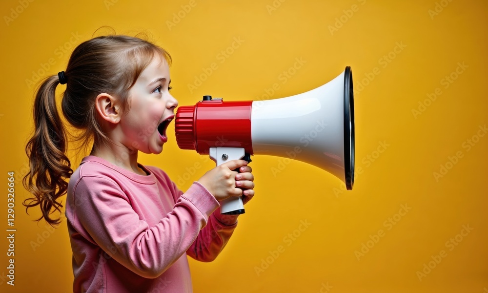 young girl excitedly shouting into a red and white megaphone against a yellow backdrop, capturing her joyful energy and playful attitude in a vibrant, fun-filled moment young girl excitedly shouting into a red and white megaphone against a yellow backdrop, capturing her joyful energy and playful attitude in a vibrant, fun-filled moment