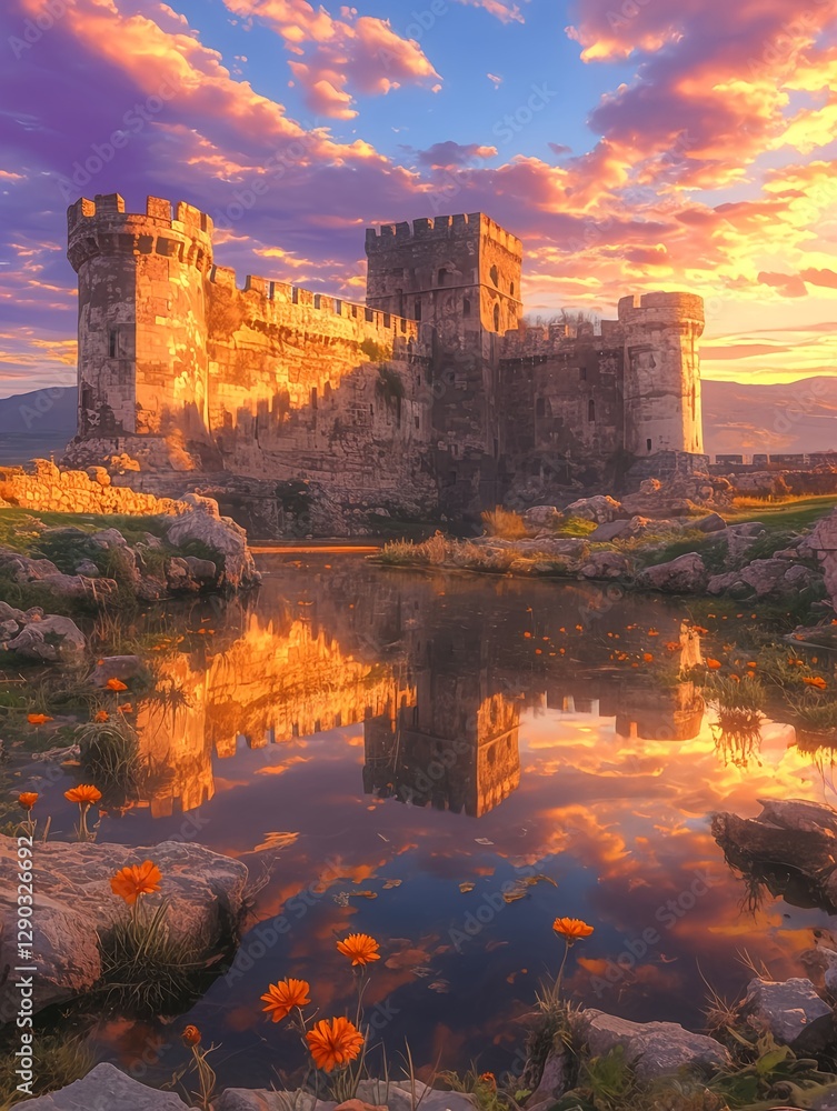 Fototapeta premium A fortress reflected in the calm sea and illuminated by a golden sunrise