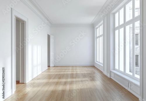 Wallpaper Mural Empty bright room with hardwood floor and large windows. (1) Torontodigital.ca