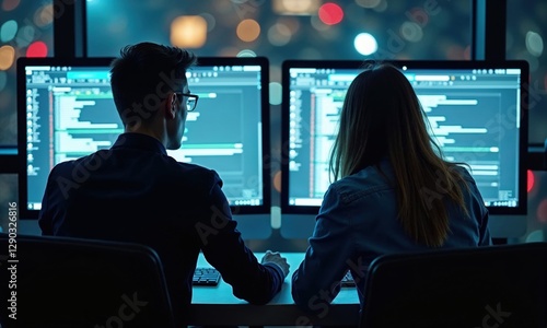 pair of programmers or tech professionals working side by side in a dark, high-tech environment, coding on dual monitors with glowing screens, creating a dynamic and collaborative workspace photo