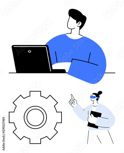 Person working on a laptop, VR user pointing with excitement, and a gear symbolizing processes. Ideal for virtual work, education, tech systems, creativity, innovation, productivity abstract line