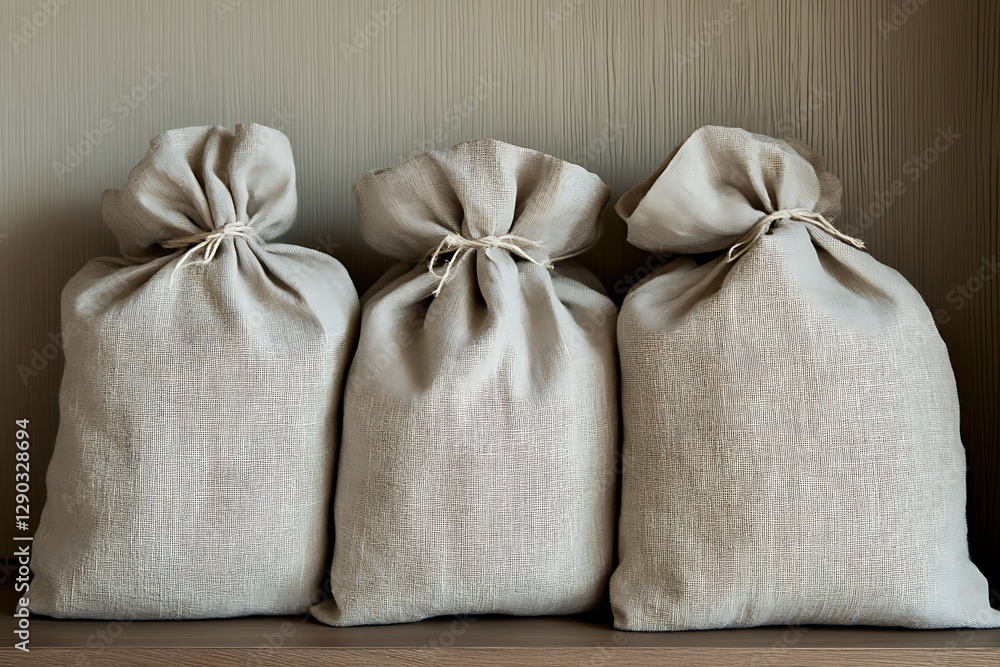 Three Rustic Linen Bags on Wooden Shelf Three Rustic Linen Bags on Wooden Shelf