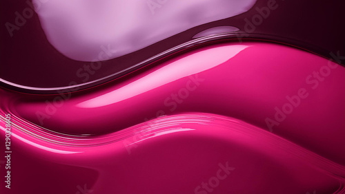 A fluid, abstract composition featuring swirling, reflective surfaces in shades of deep crimson and lighter pink, creating a dynamic and glossy texture.