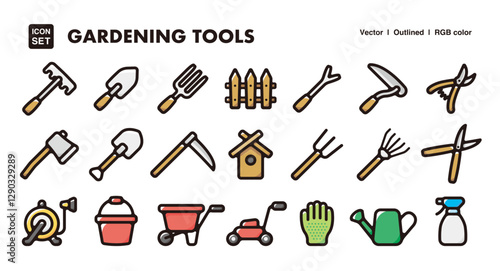 Gardening tool illustration icon set.Simple vector outlines, clipart for graphic design.