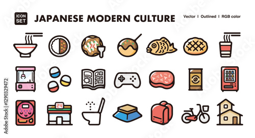 Japanese modern culture illustration icon set.Simple vector outlines, clipart for graphic design.