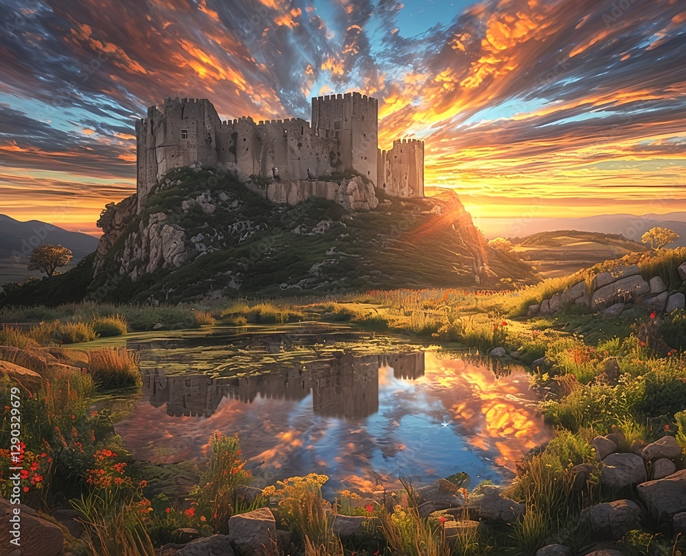 A fortress reflected in the calm sea and illuminated by a golden sunrise A fortress reflected in the calm sea and illuminated by a golden sunrise