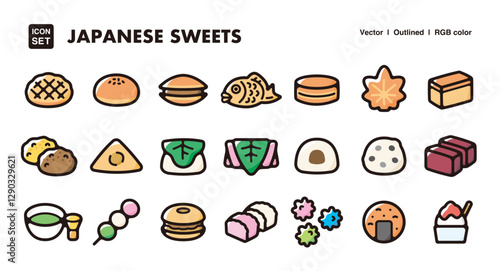 Japanese sweets illustration icon set.Simple vector outlines, clipart for graphic design.