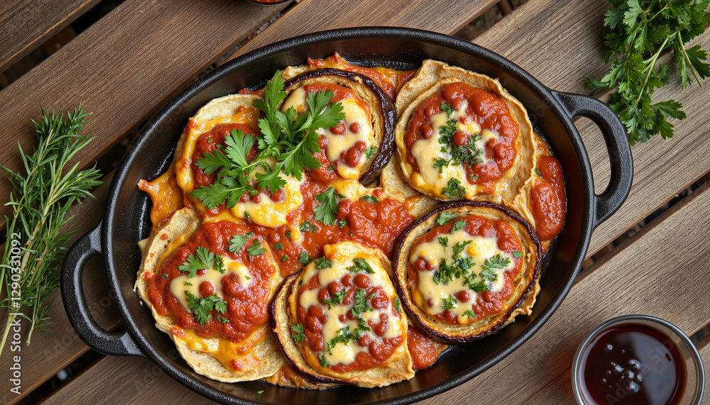 Delicious cheesy eggplant parmesan on picnic table, summer joy Delicious cheesy eggplant parmesan on picnic table, summer joy