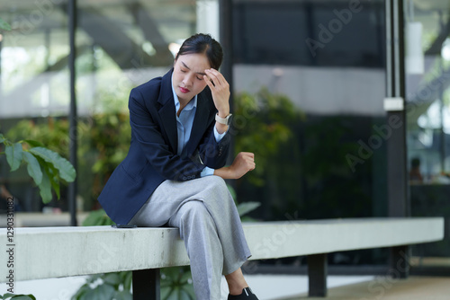 Young businesswoman sitting on bench outside modern office building, experiencing a headache and touching her forehead, showing signs of stress and fatigue