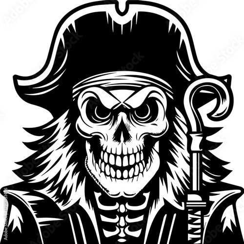 Classic Skull Pirate with Hat and Hook on Black and White Background, svg vector.