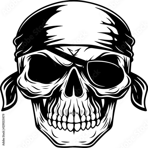 Classic Skull Pirates Monochrome Skull with Bandana and Eye Patch Graphic Design, svg vector.
