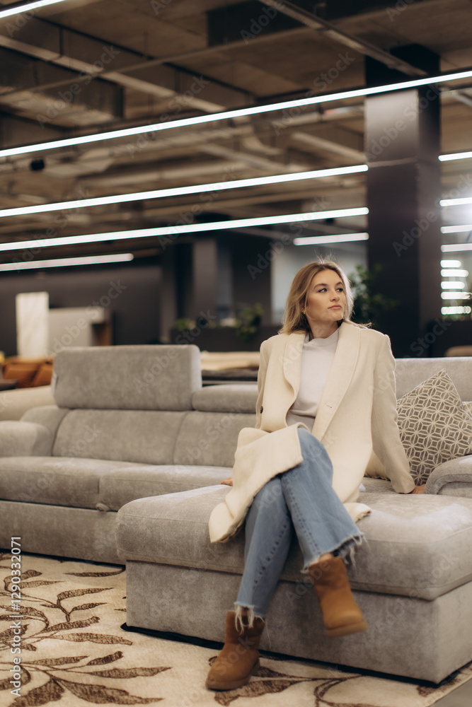 Stylish Woman Sitting on Sofa in Modern Interior Setting Stylish Woman Sitting on Sofa in Modern Interior Setting