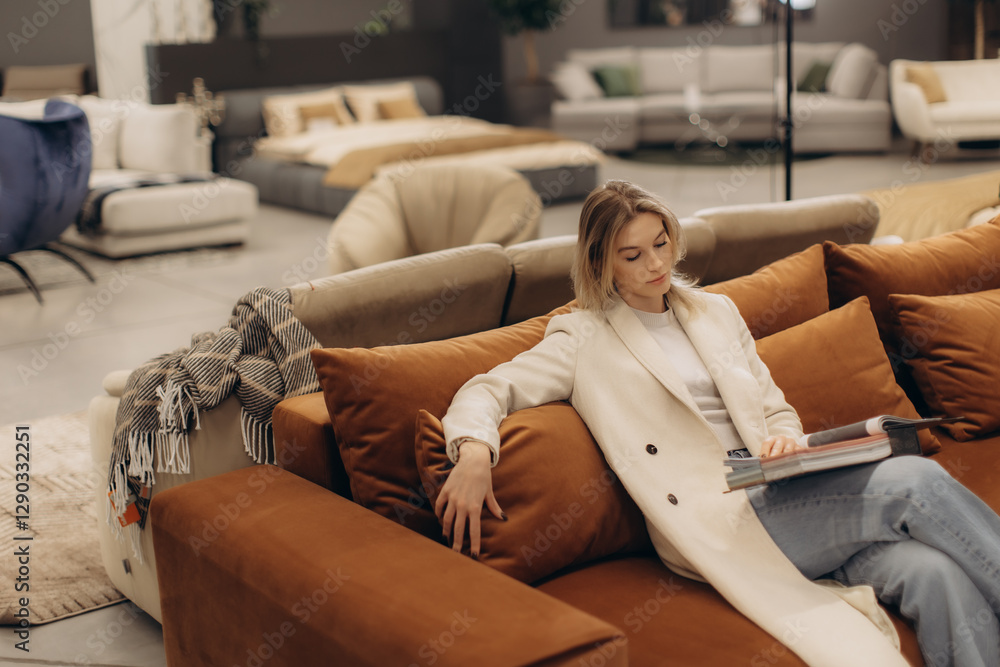 Obraz premium Woman Relaxing on a Modern Sofa in a Comfortable and Stylish Home Setting