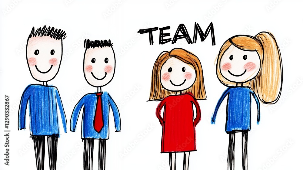 Simple Cartoon Team Drawing With Warm Colors On White Background Simple Cartoon Team Drawing With Warm Colors On White Background