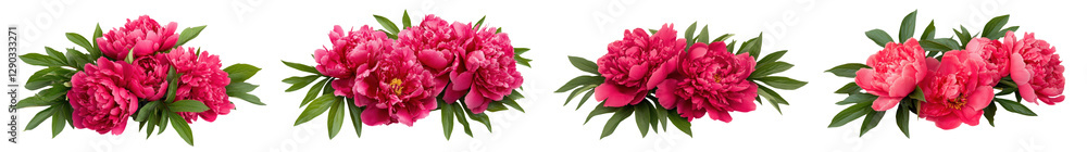 Obraz premium Blooming vibrant pink peony flowers with lush green leaves against a clean white background Elegant and romantic floral arrangement with delicate petals and fragrant blossoms