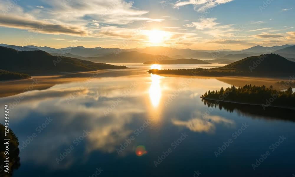 Aerial Sunrise Over Mountain Lake; Scenic Sunrise Over Calm Lake Reflecting Mountains and Clouds; Suitable for Nature/Travel Websites, Posters, or Desktop Backgrounds Aerial Sunrise Over Mountain Lake; Scenic Sunrise Over Calm Lake Reflecting Mountains and Clouds; Suitable for Nature/Travel Websites, Posters, or Desktop Backgrounds