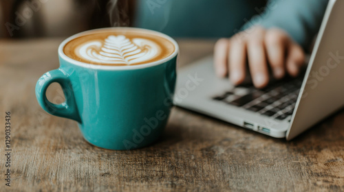 Cozy scene featuring turquoise coffee cup beside laptop