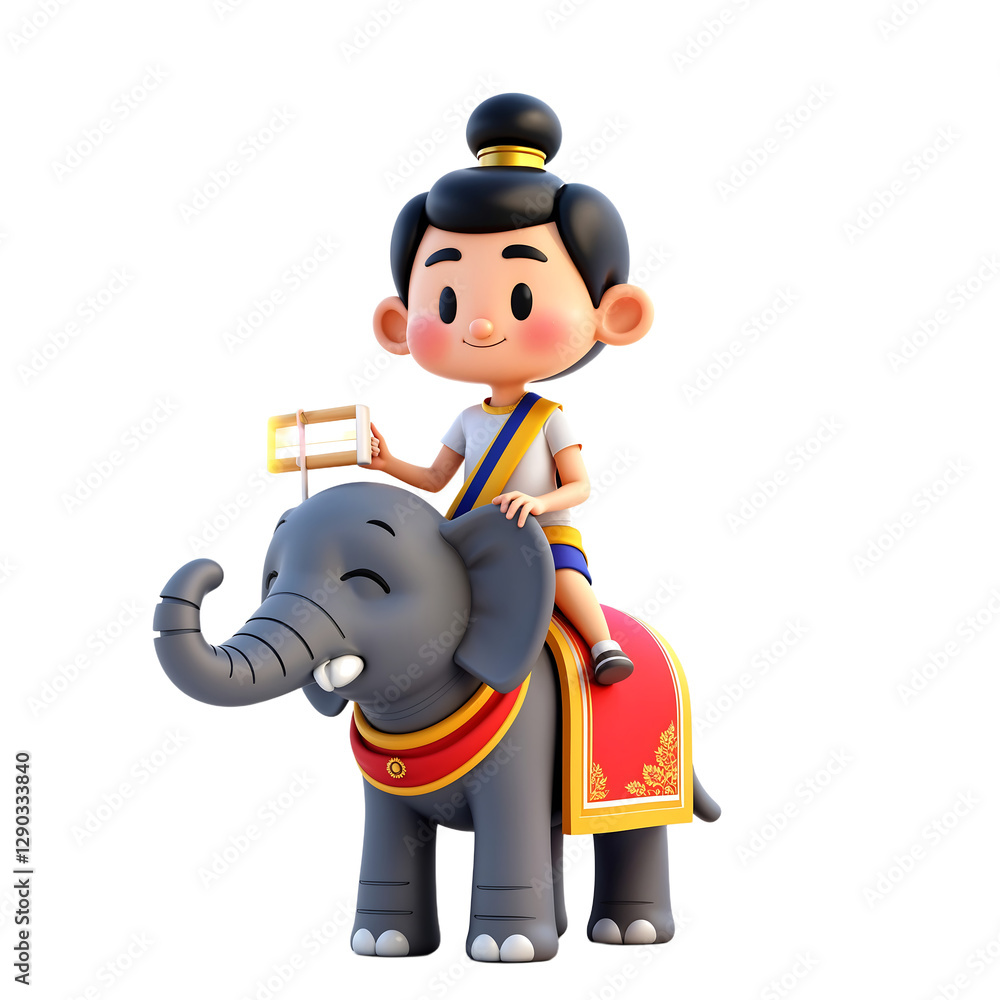 Boy riding elephant holding a lantern on white studio background Boy riding elephant holding a lantern on white studio background