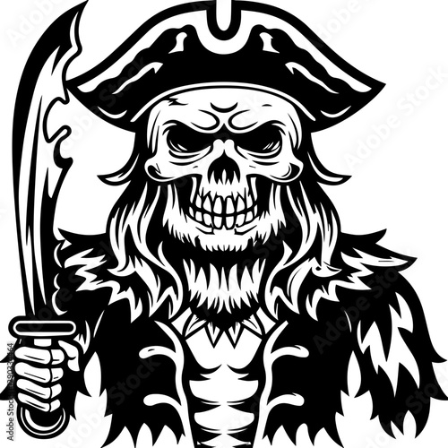 Skull Pirates Ghostly and Cursed Skull Pirates Design with Sword and Hat for Graphic Use and Art, svg vector.