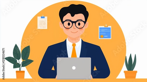 Smiling Businessman Working On Laptop In Modern Office Setting