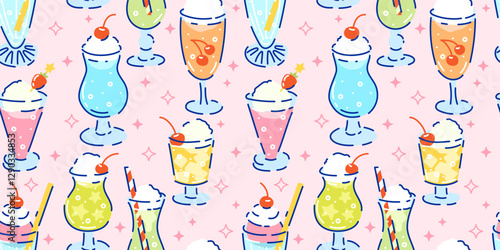 Seamless pattern with Cream soda trendy soft drinks. Hand drawn vector illustration. Background for poster, social media, banners, invitation. Cute kawaii style non alcohol floating cocktails.