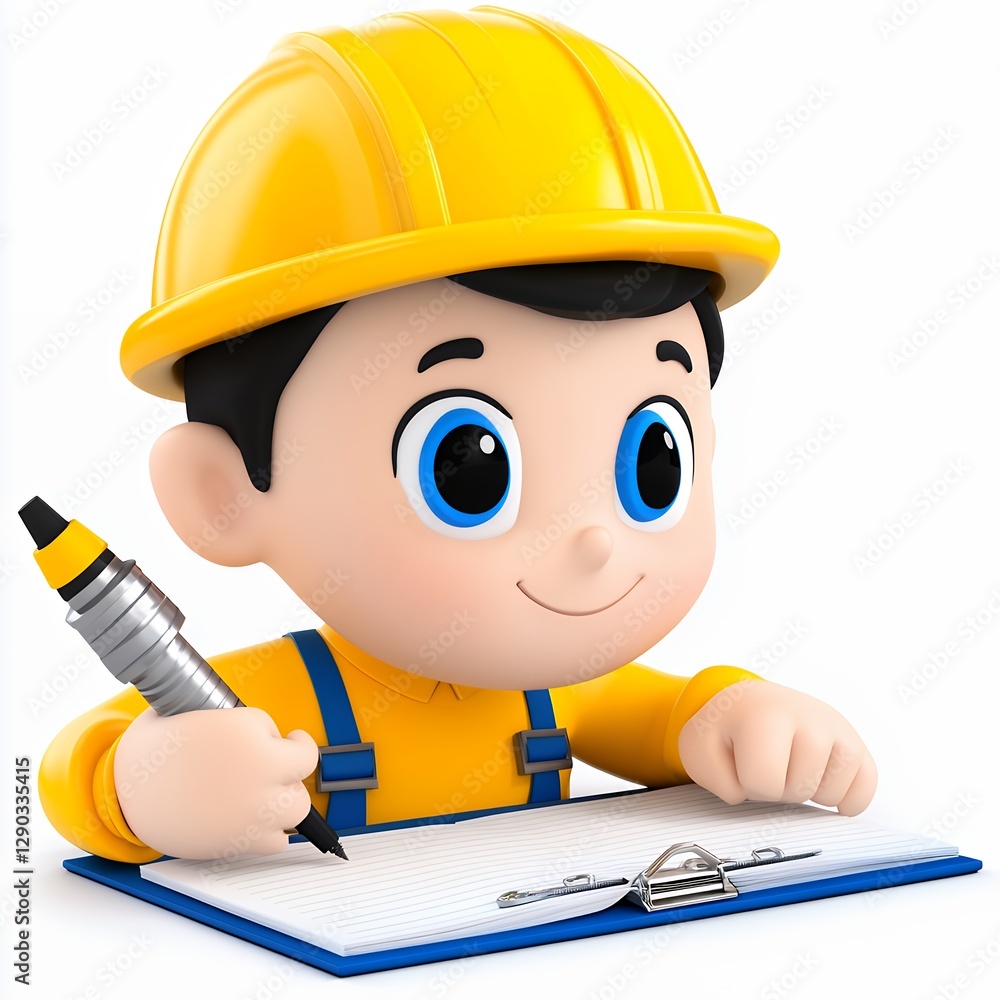 Smiling Child Construction Worker Character Writing in Notepad Smiling Child Construction Worker Character Writing in Notepad