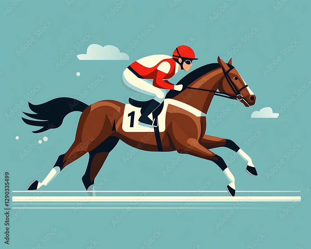 Jockey races horse, track, clouds background. Possible use Sport poster Jockey races horse, track, clouds background. Possible use Sport poster