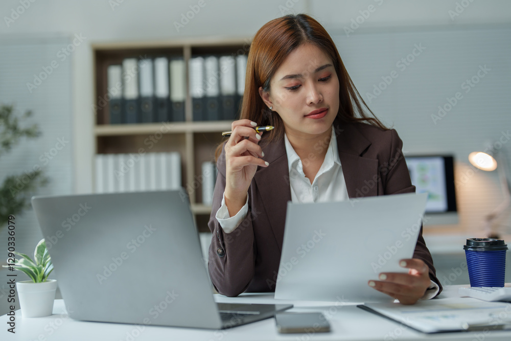 Young businesswoman is analyzing documents and holding a pen while sitting at her desk in a modern office, focused on reviewing paperwork and making business decisions Young businesswoman is analyzing documents and holding a pen while sitting at her desk in a modern office, focused on reviewing paperwork and making business decisions