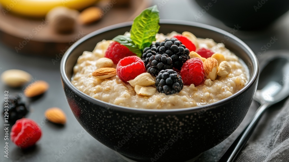 A delicious bowl of oatmeal topped with fresh berries and nuts, perfect for breakfast. A delicious bowl of oatmeal topped with fresh berries and nuts, perfect for breakfast.