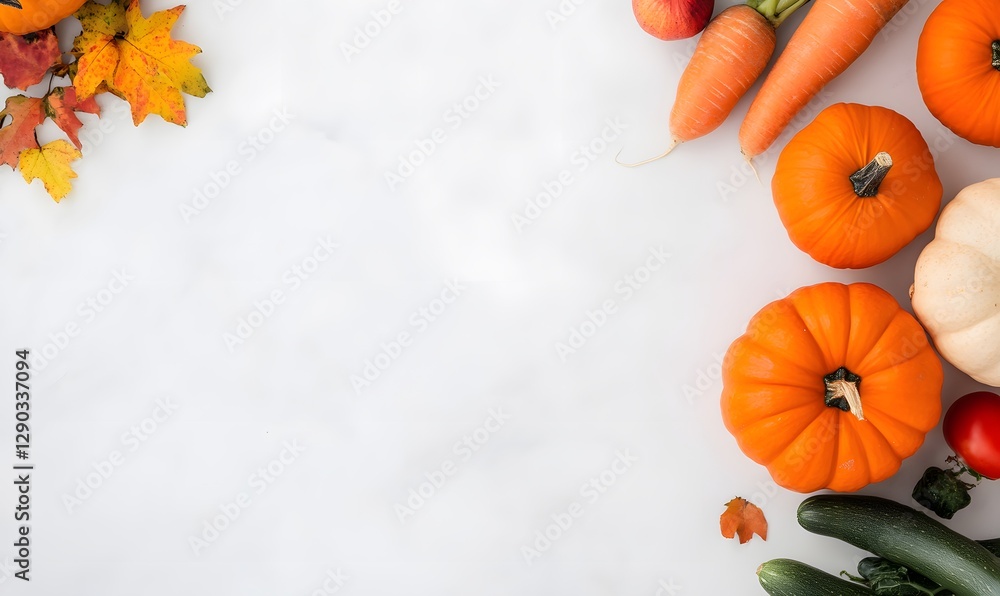 Obraz premium Composition of fall orange pumpkins and other vegetables on a light background, Generative AI