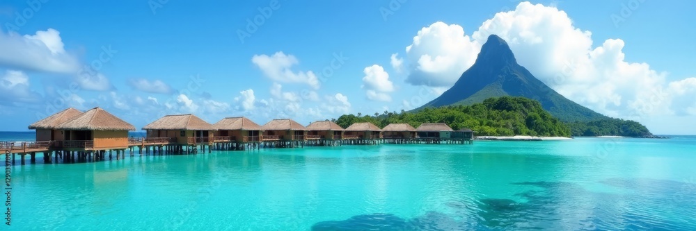 Naklejka premium Overwater bungalows, crystal-clear lagoon, volcanic peak , overwater, relaxation, stunning