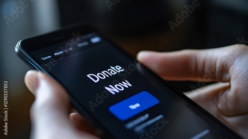 A mobile phone displays a donate now button on its screen