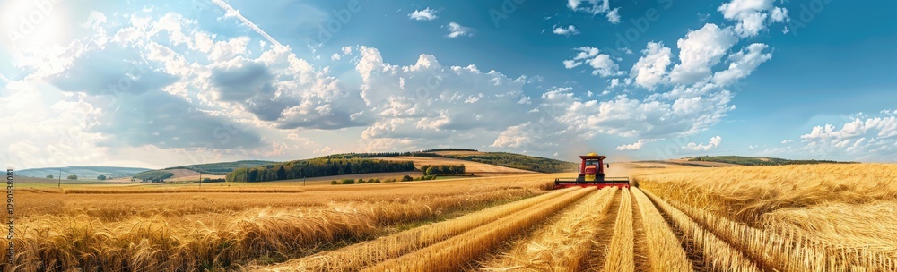 Harvesting in a Golden Field under a Blue Sky