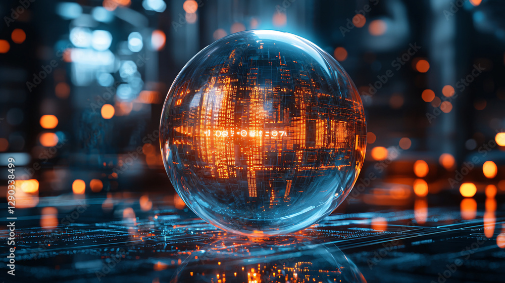 Futuristic glowing sphere with digital patterns and lights. Futuristic glowing sphere with digital patterns and lights.