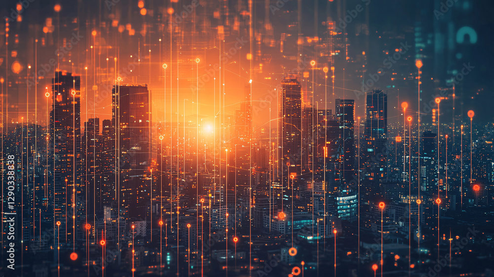 Vibrant city skyline at sunset with digital elements overlay. Vibrant city skyline at sunset with digital elements overlay.