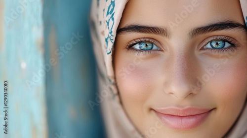 An Arab woman with bright eyes is smiling, with space for advertising on the right. 