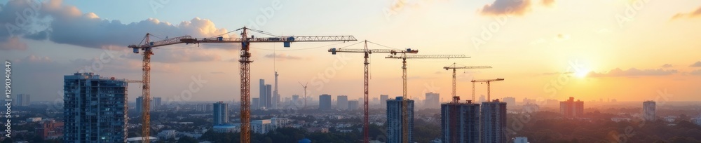 Multiple tower cranes at a residential construction site, viewed from above , site, engineering