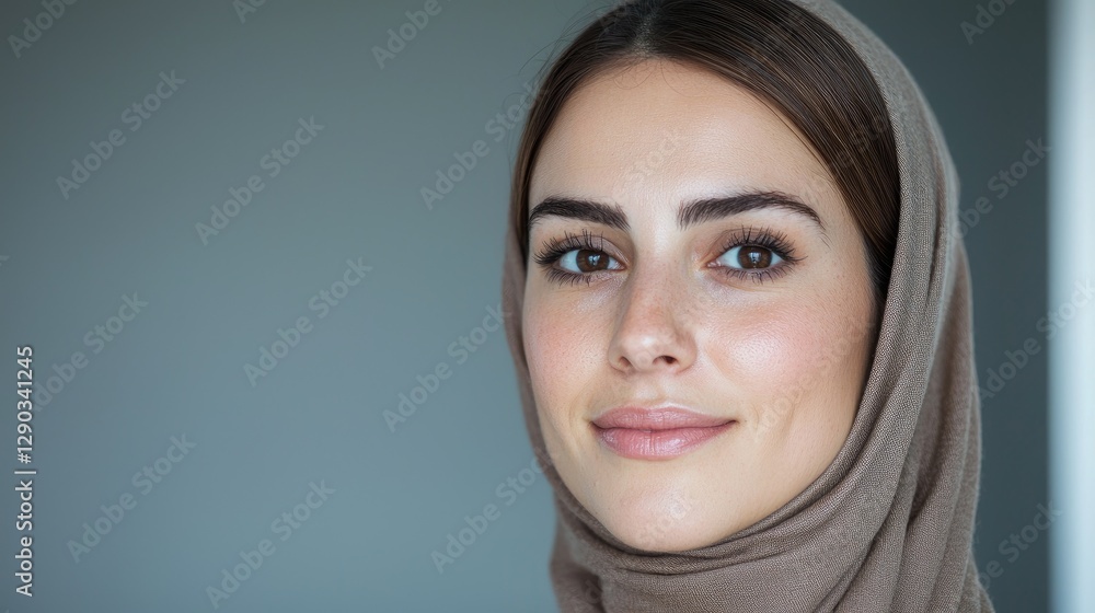 Woman in light brown headscarf, smiling at camera, neutral background. Possible use Stock photo Woman in light brown headscarf, smiling at camera, neutral background. Possible use Stock photo