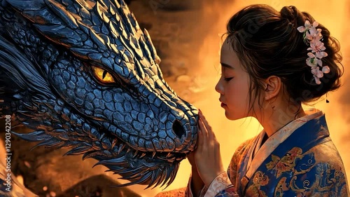 Asian woman and dragon, close encounter, mystical fire background.  Possible use for fantasy art