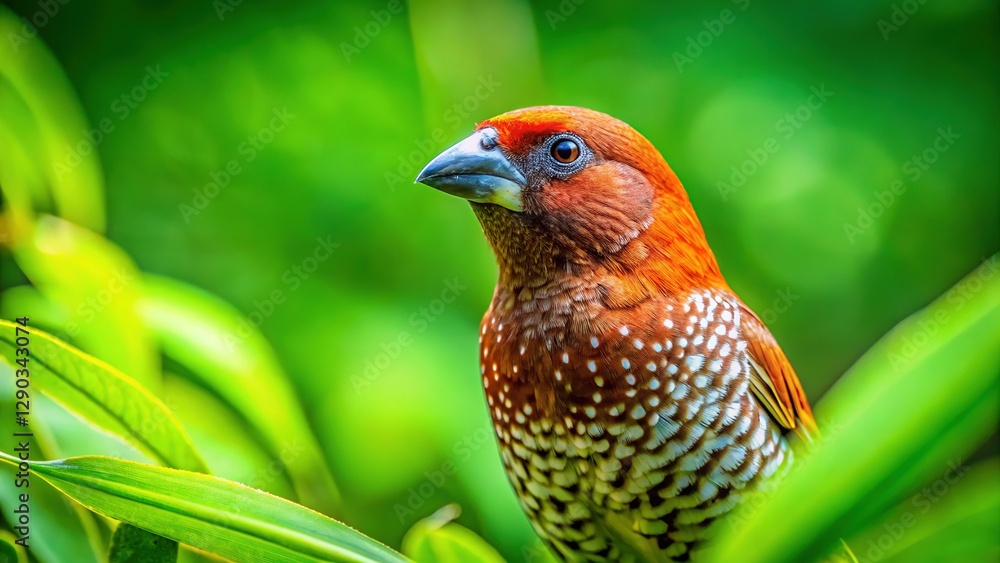 Obraz premium Scaly-breasted Munia Bird Close-Up in Lush Green Foliage - Wildlife Photography
