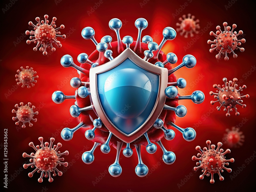 Fototapeta premium Stylized Virus with Shields on Red Background - Stock Photo